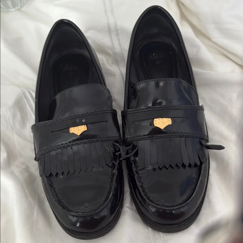 Zara Black Patent Leather Tassel Loafers with Gold Accent